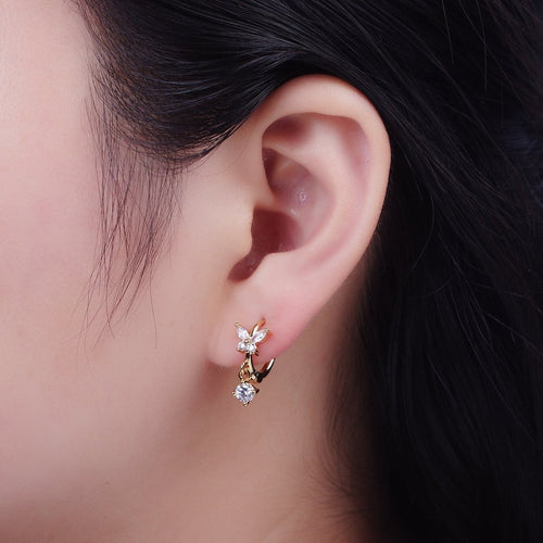 16K Gold Filled Mariposa Butterfly Lined Huggie with Round Cubic Zirconia Dangle Drop Hoop Earrings | AD-502