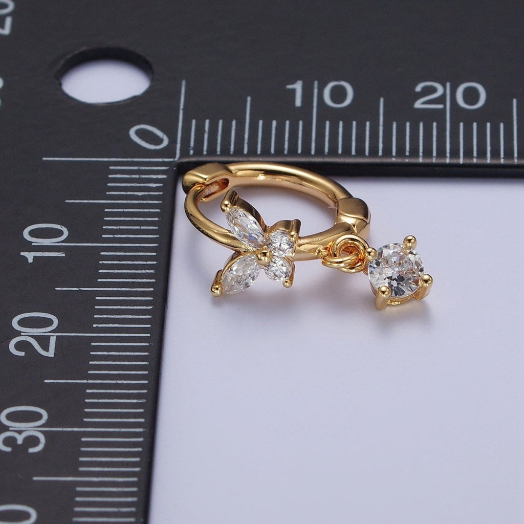16K Gold Filled Mariposa Butterfly Lined Huggie with Round Cubic Zirconia Dangle Drop Hoop Earrings | AD-502