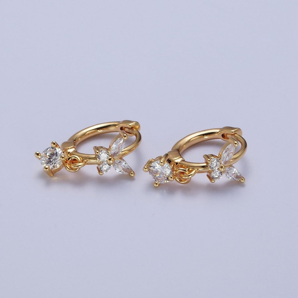 16K Gold Filled Mariposa Butterfly Lined Huggie with Round Cubic Zirconia Dangle Drop Hoop Earrings | AD-502