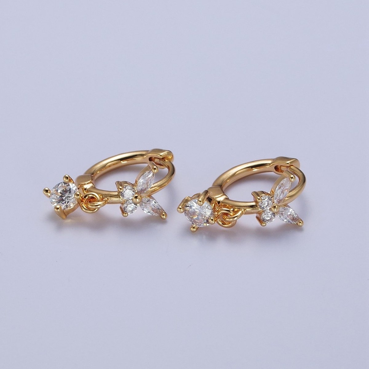16K Gold Filled Mariposa Butterfly Lined Huggie with Round Cubic Zirconia Dangle Drop Hoop Earrings | AD-502