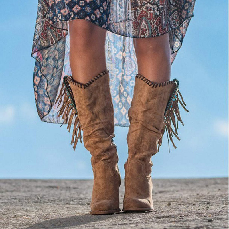 Women's Frosted High-Tube Fringed Boots