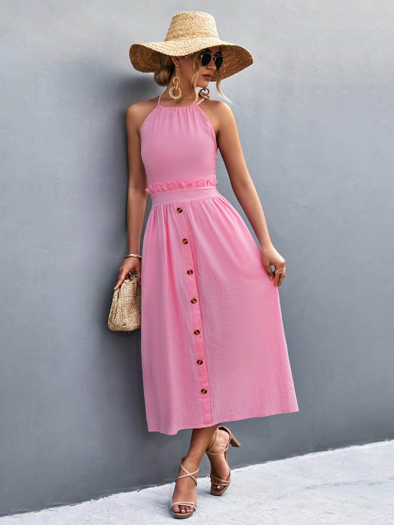 Buttoned Halter Neck Frill Trim Midi Dress for Chic Style