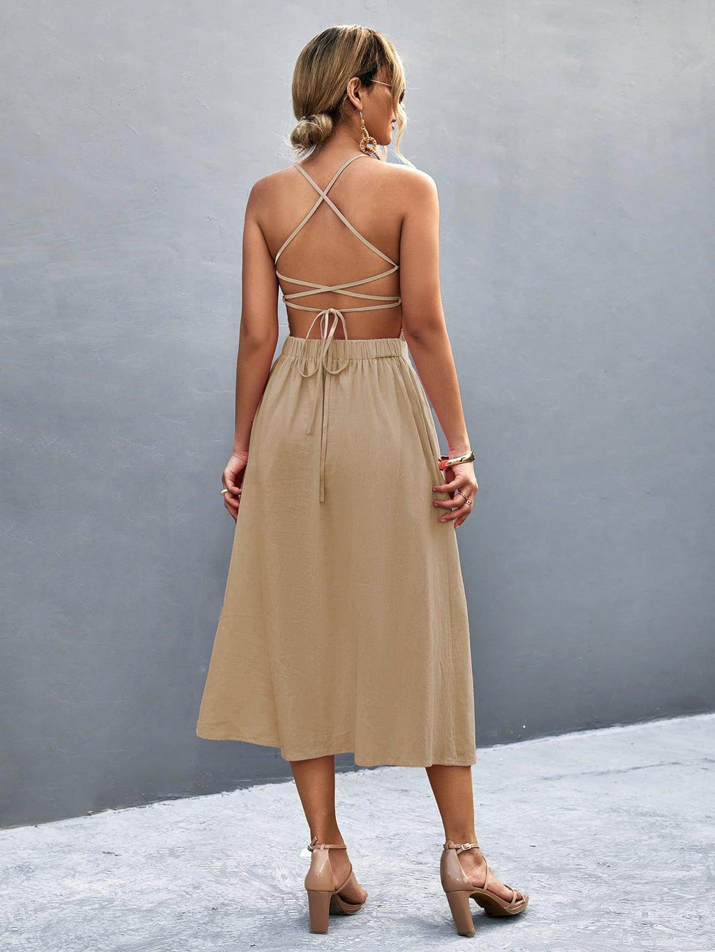 Buttoned Halter Neck Frill Trim Midi Dress for Chic Style