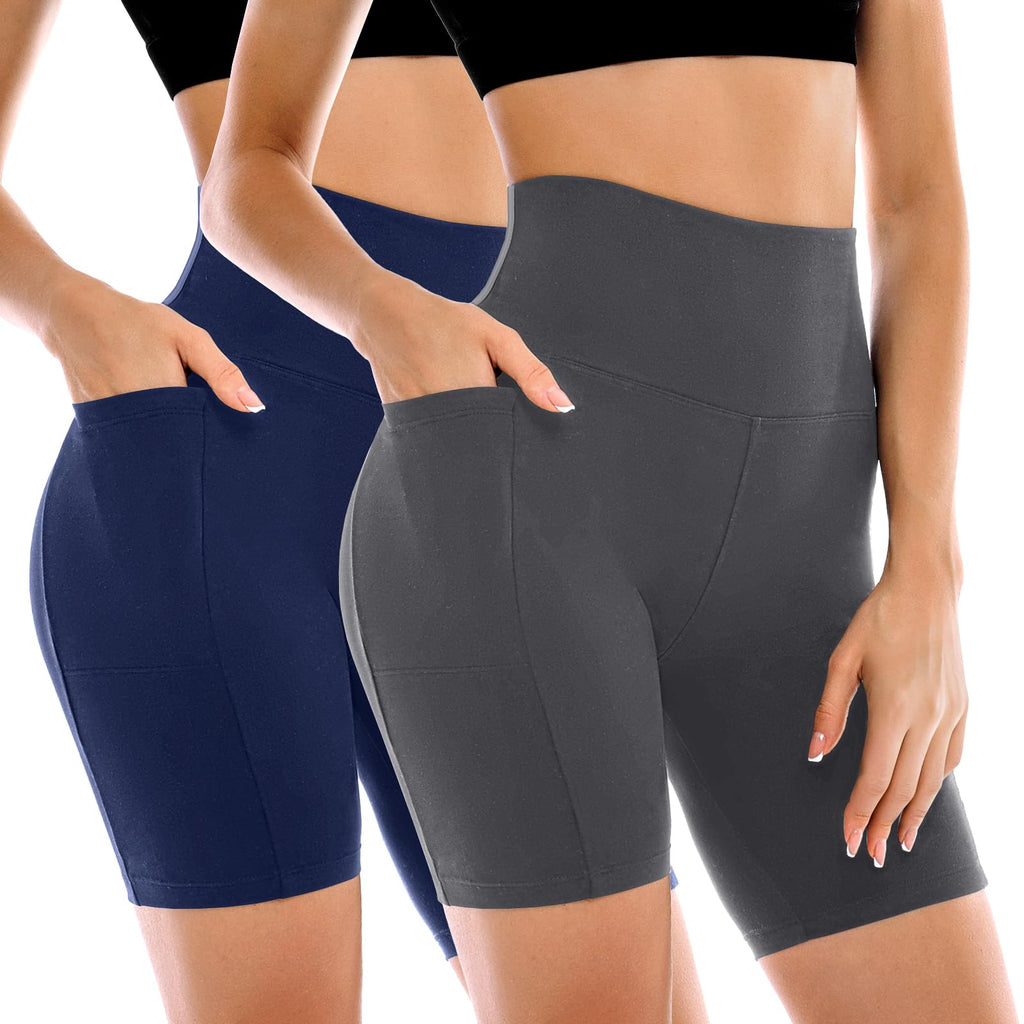 Leafigure 2 Pack Womens Biker Shorts with Pockets, High Waisted Yoga Shorts for Women Running Gym and Workout