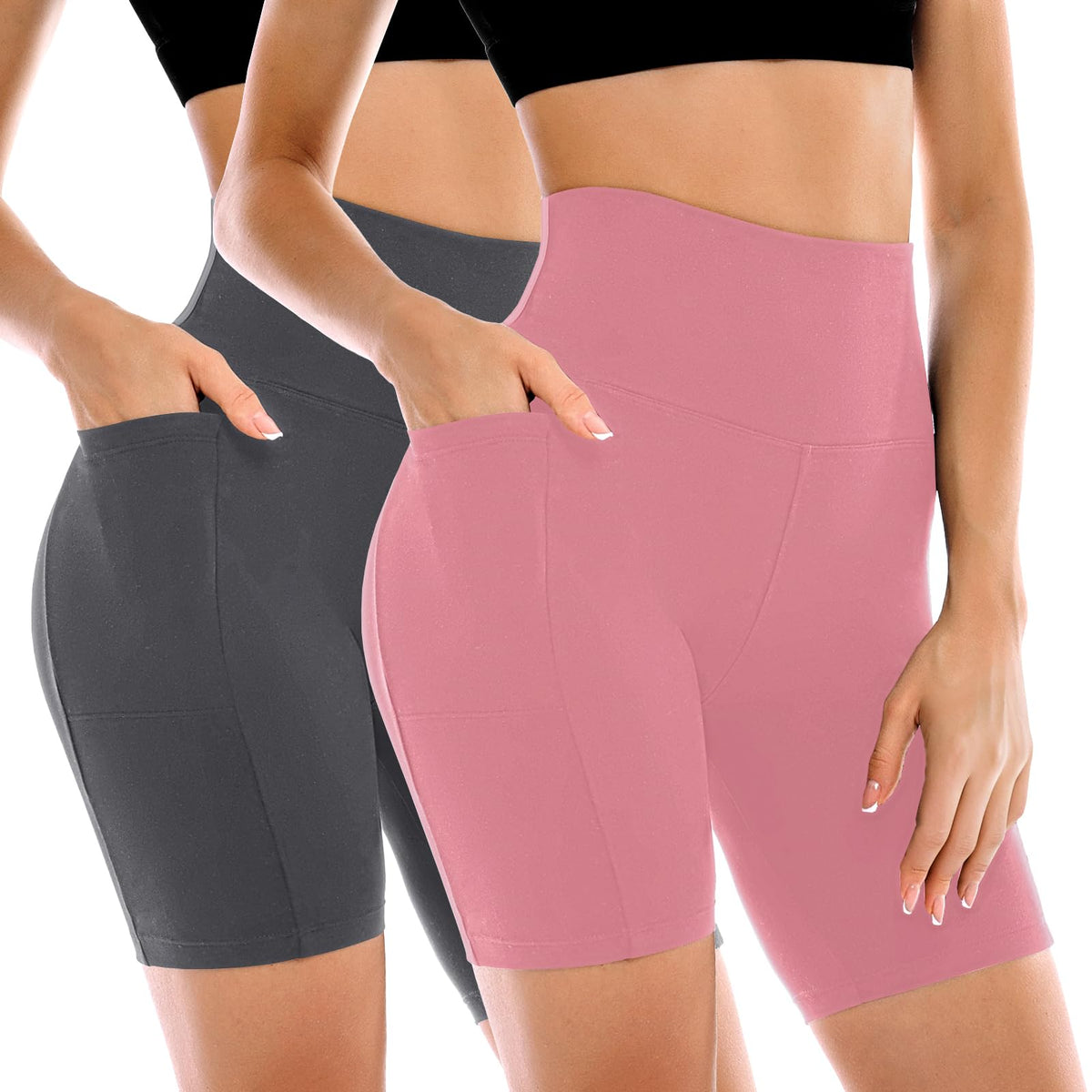 Leafigure 2 Pack Womens Biker Shorts with Pockets, High Waisted Yoga Shorts for Women Running Gym and Workout