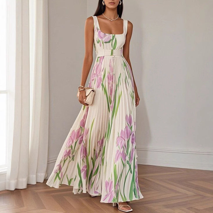 Women's Floral Pleated Maxi Dress — Sleeveless, High Waist, 5 Colors