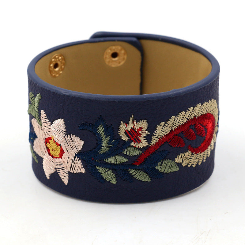Women's Embroidered Paisley Leather Wide Snap Multicolor Bracelet