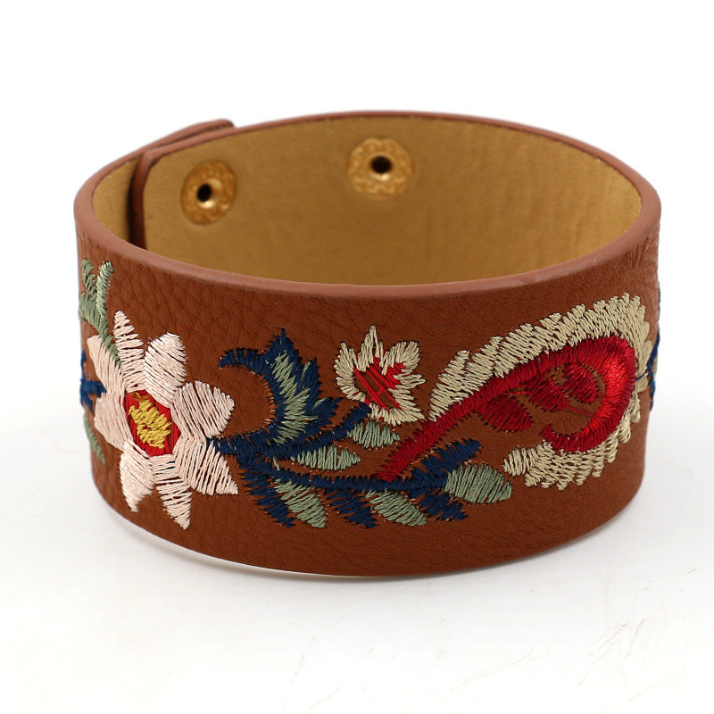 Women's Embroidered Paisley Leather Wide Snap Multicolor Bracelet