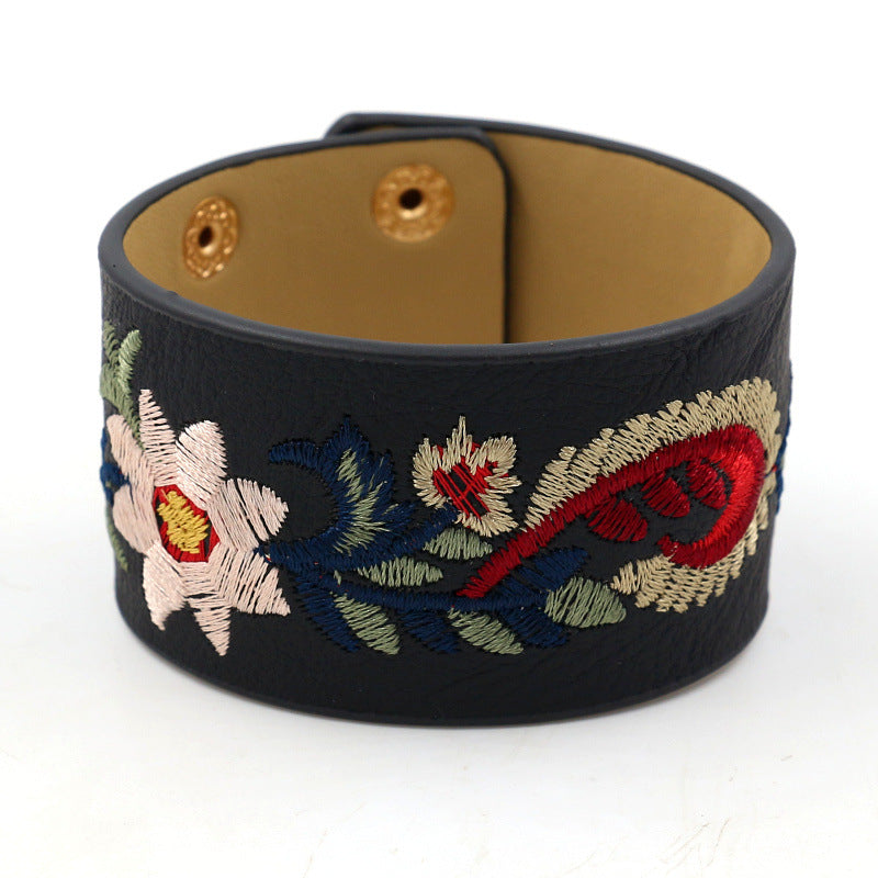 Women's Embroidered Paisley Leather Wide Snap Multicolor Bracelet