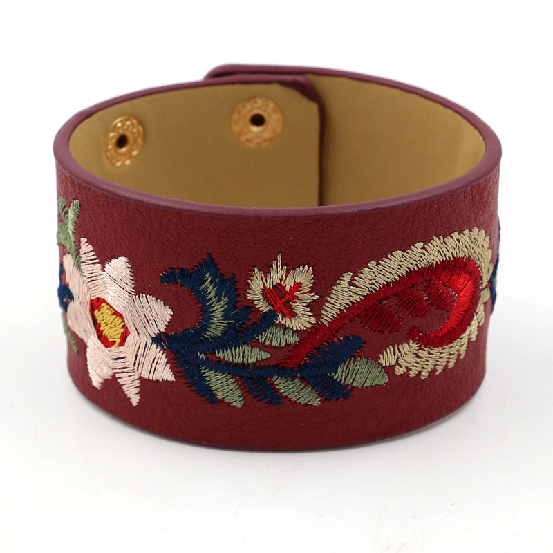 Women's Embroidered Paisley Leather Wide Snap Multicolor Bracelet
