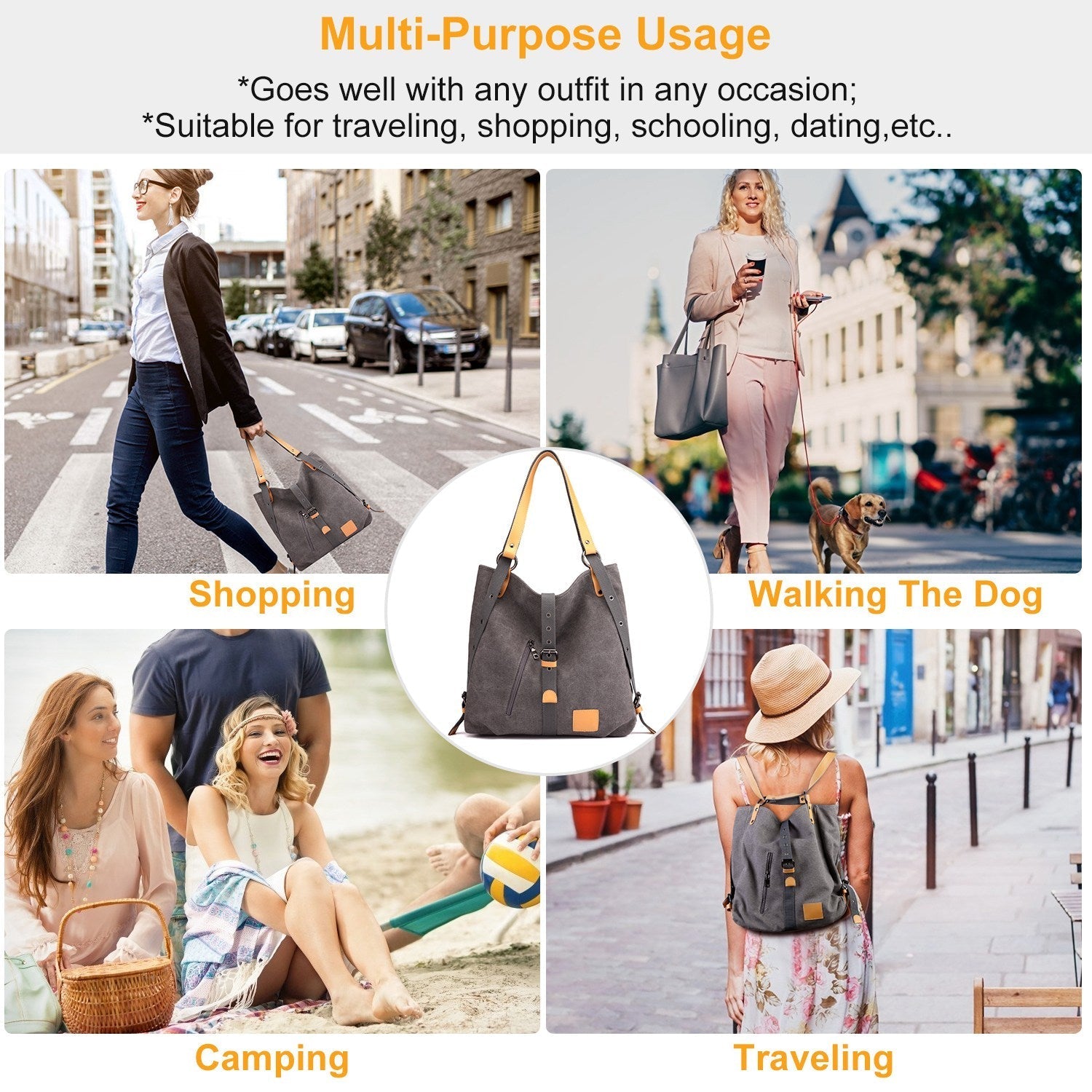 Ladies Canvas Tote Bag Multifunctional Purse Handbag Adjustable Shoulder Rucksack Convertible Backpack Wear-Resistant Dirt-Proof For Women School Offi