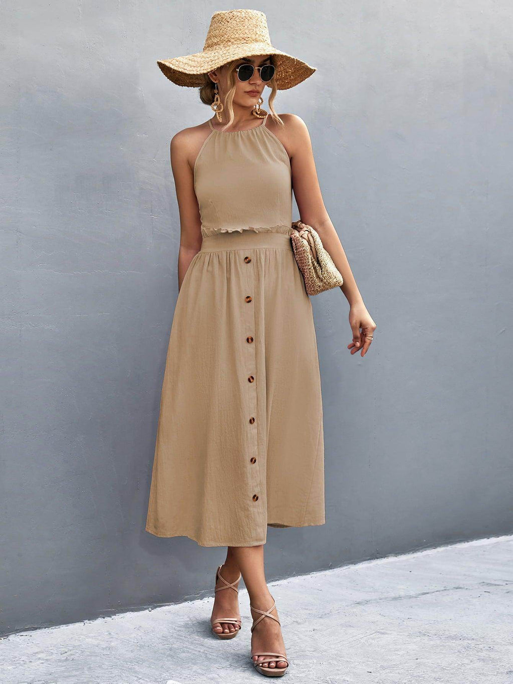 Buttoned Halter Neck Frill Trim Midi Dress for Chic Style