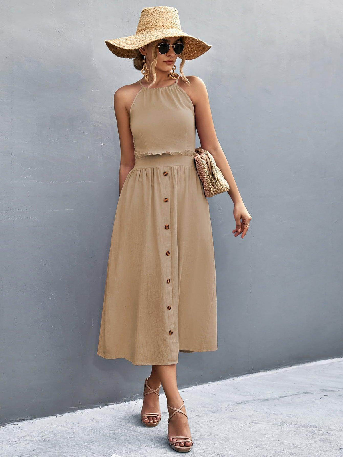 Buttoned Halter Neck Frill Trim Midi Dress for Chic Style