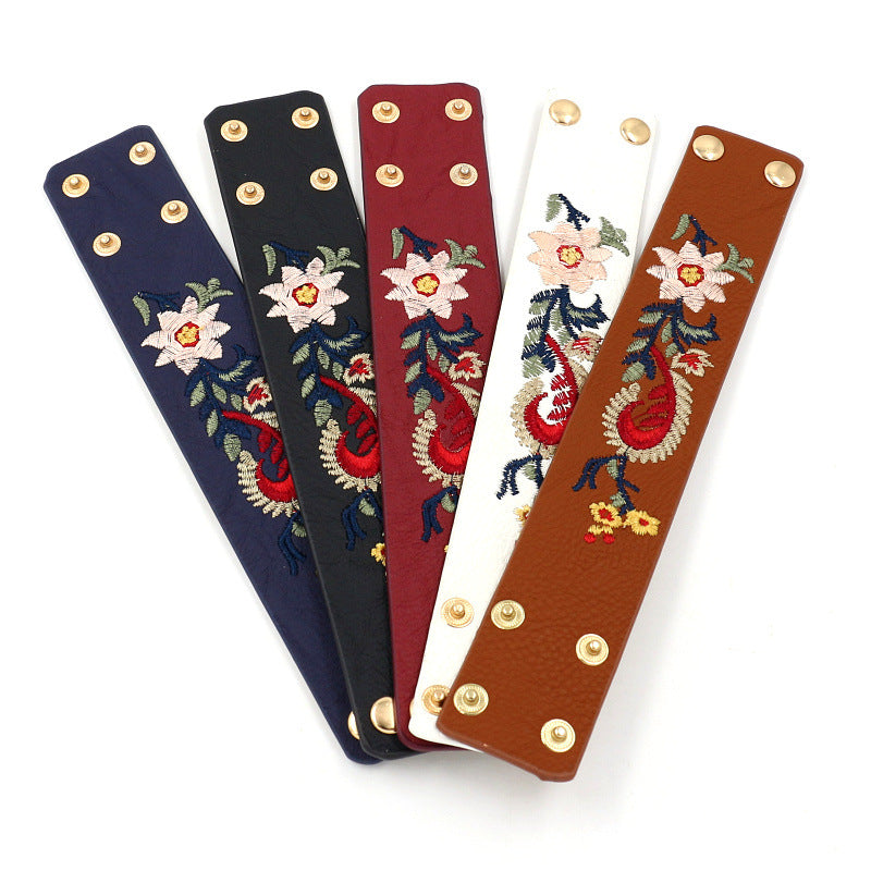 Women's Embroidered Paisley Leather Wide Snap Multicolor Bracelet