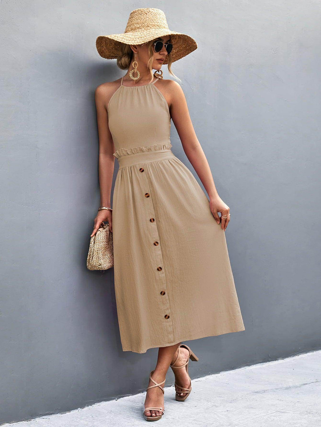 Buttoned Halter Neck Frill Trim Midi Dress for Chic Style