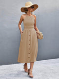 Buttoned Halter Neck Frill Trim Midi Dress for Chic Style