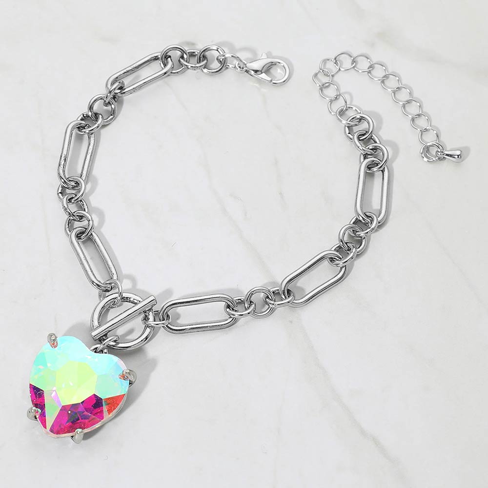 Women's Chunky Heart Stone Cluster Toggle Charm Bracelet