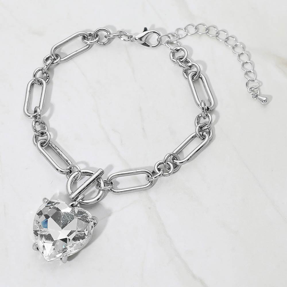 Women's Chunky Heart Stone Cluster Toggle Charm Bracelet