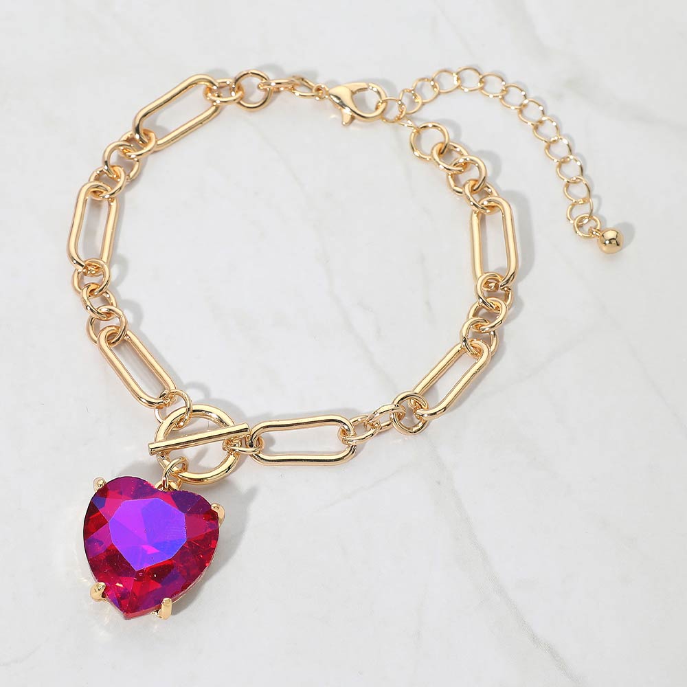 Women's Chunky Heart Stone Cluster Toggle Charm Bracelet