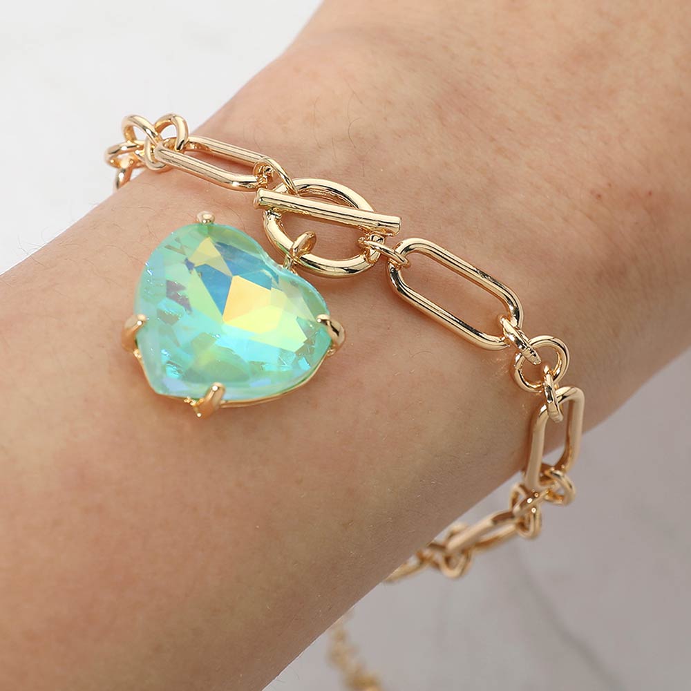 Women's Chunky Heart Stone Cluster Toggle Charm Bracelet