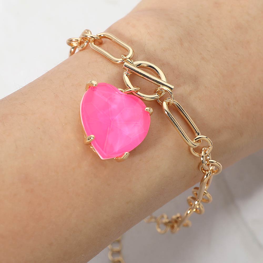 Women's Chunky Heart Stone Cluster Toggle Charm Bracelet