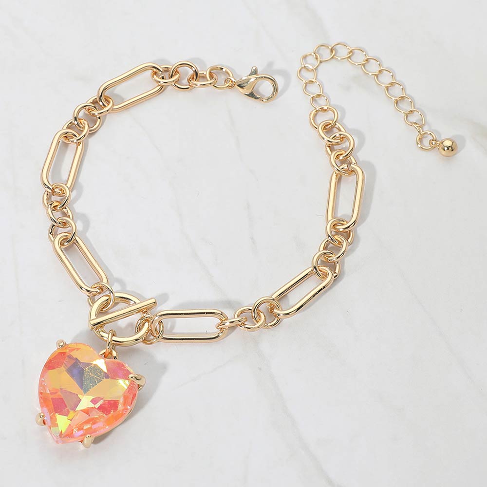 Women's Chunky Heart Stone Cluster Toggle Charm Bracelet