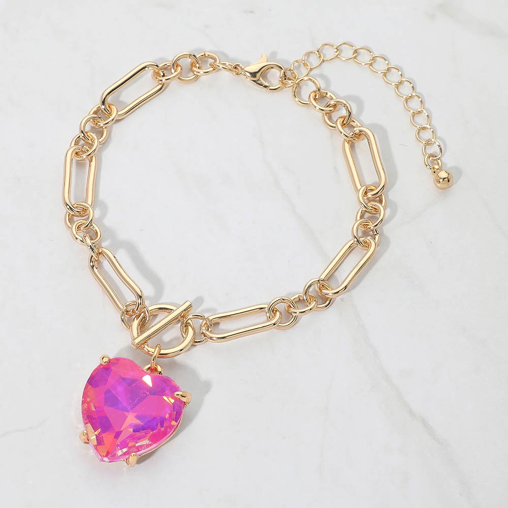 Women's Chunky Heart Stone Cluster Toggle Charm Bracelet