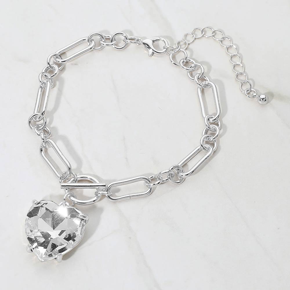 Women's Chunky Heart Stone Cluster Toggle Charm Bracelet