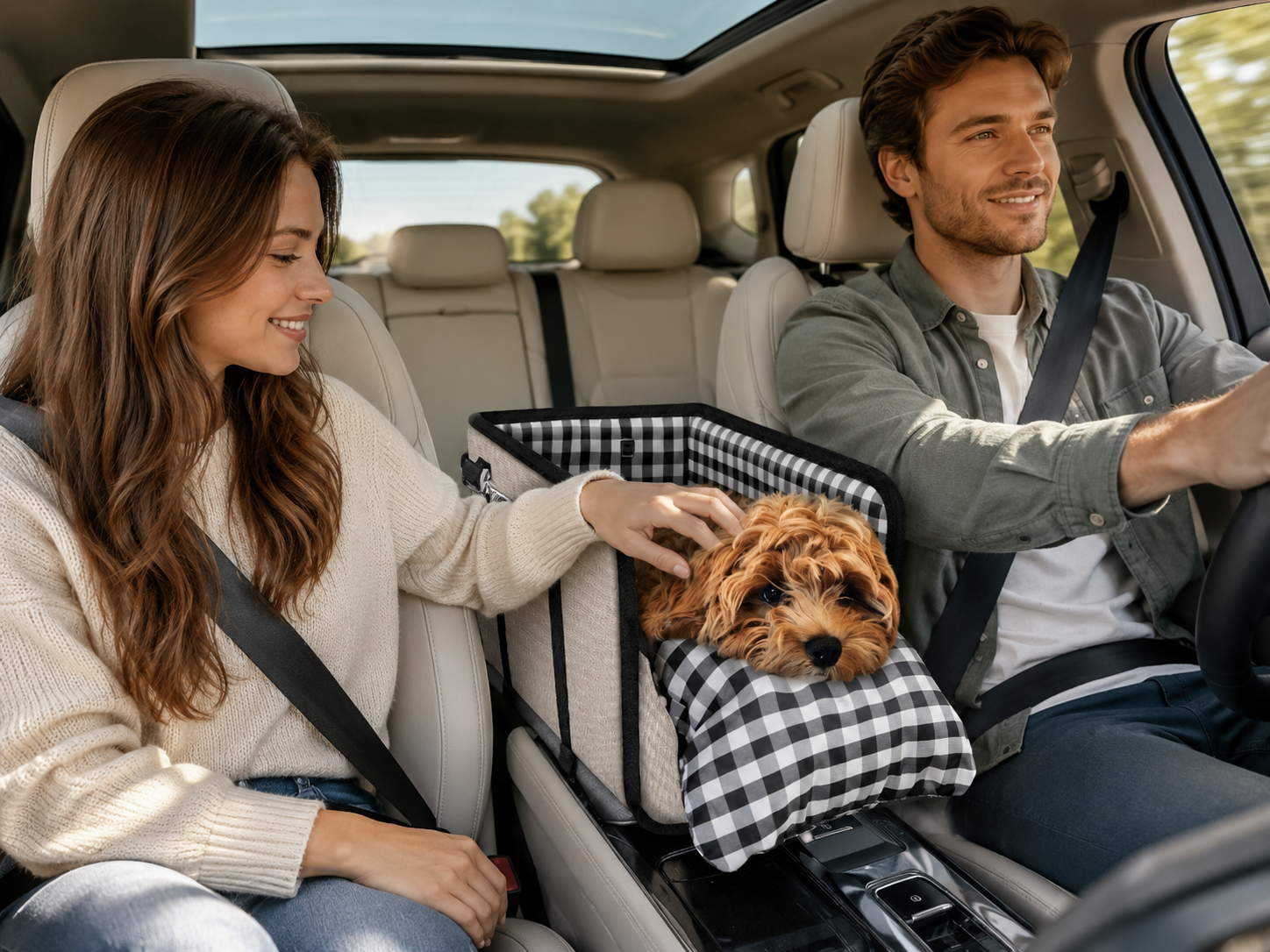 Small dog relaxing in a plaid pet car seat between the driver and passenger