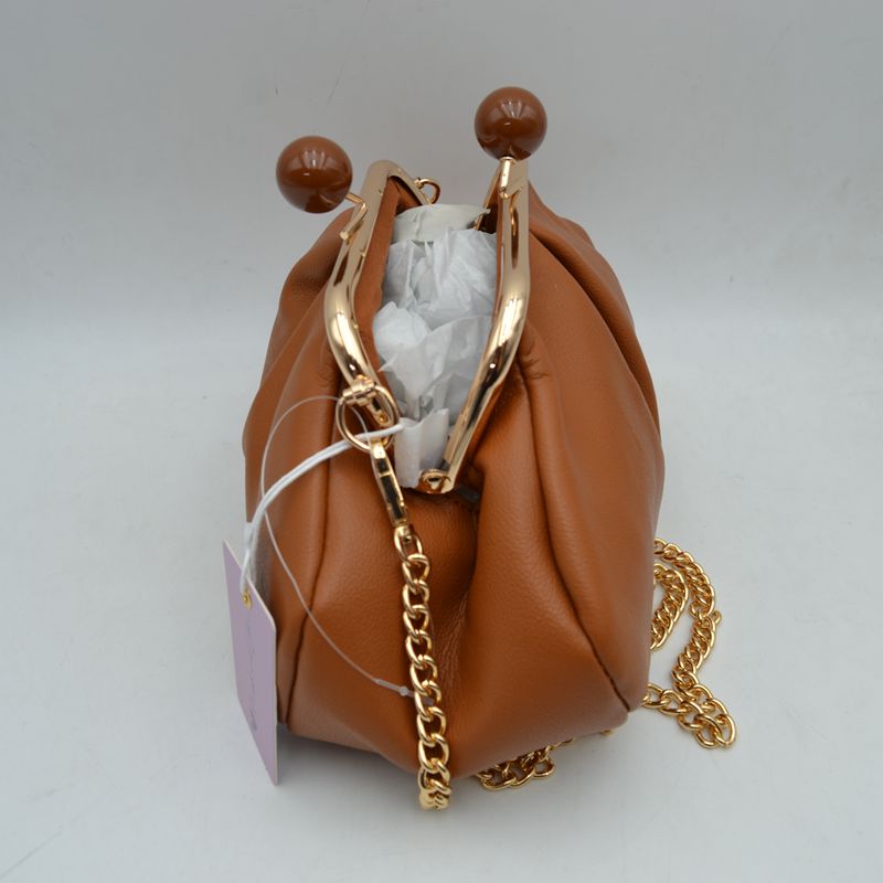 Ruched Kiss Lock Clutch Shoulder Bag with Detachable Gold Chain Strap