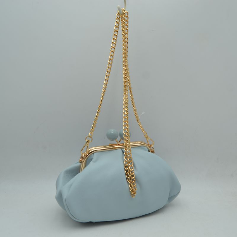 Ruched Kiss Lock Clutch Shoulder Bag with Detachable Gold Chain Strap