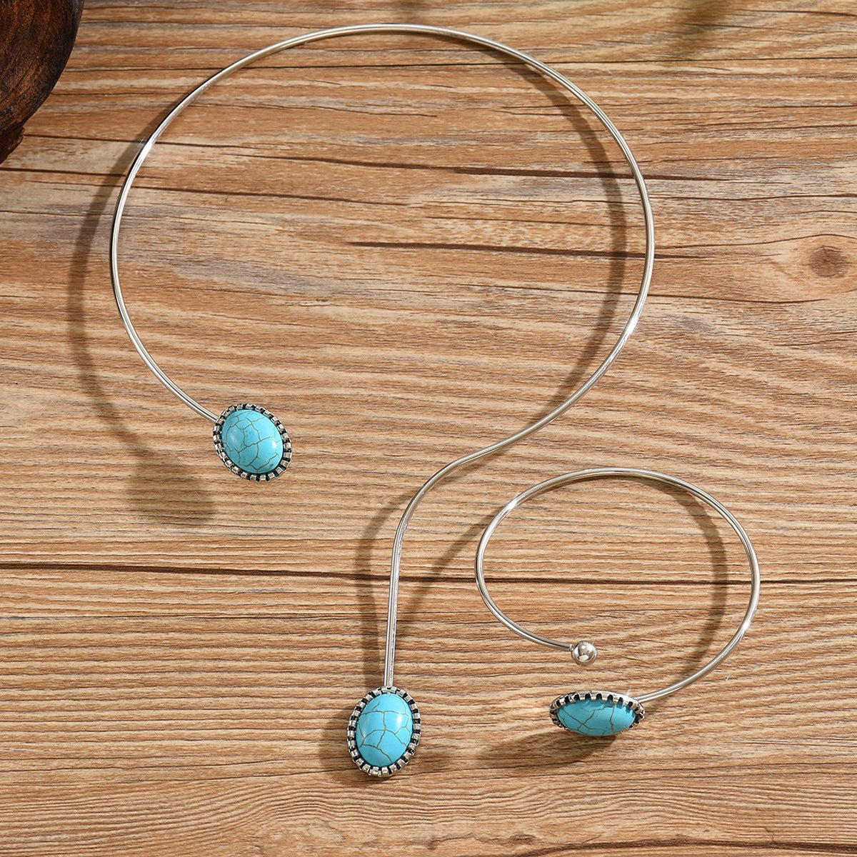 Metal Oval Turquoise Irregular Collar Retro Minority Design Jewelry Set