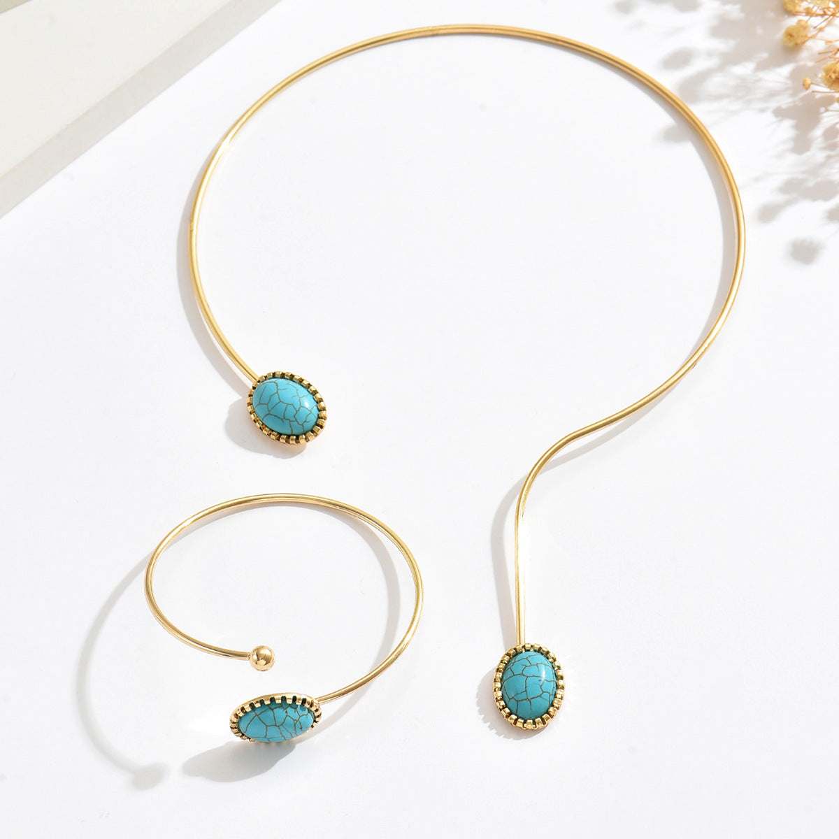 Metal Oval Turquoise Irregular Collar Retro Minority Design Jewelry Set