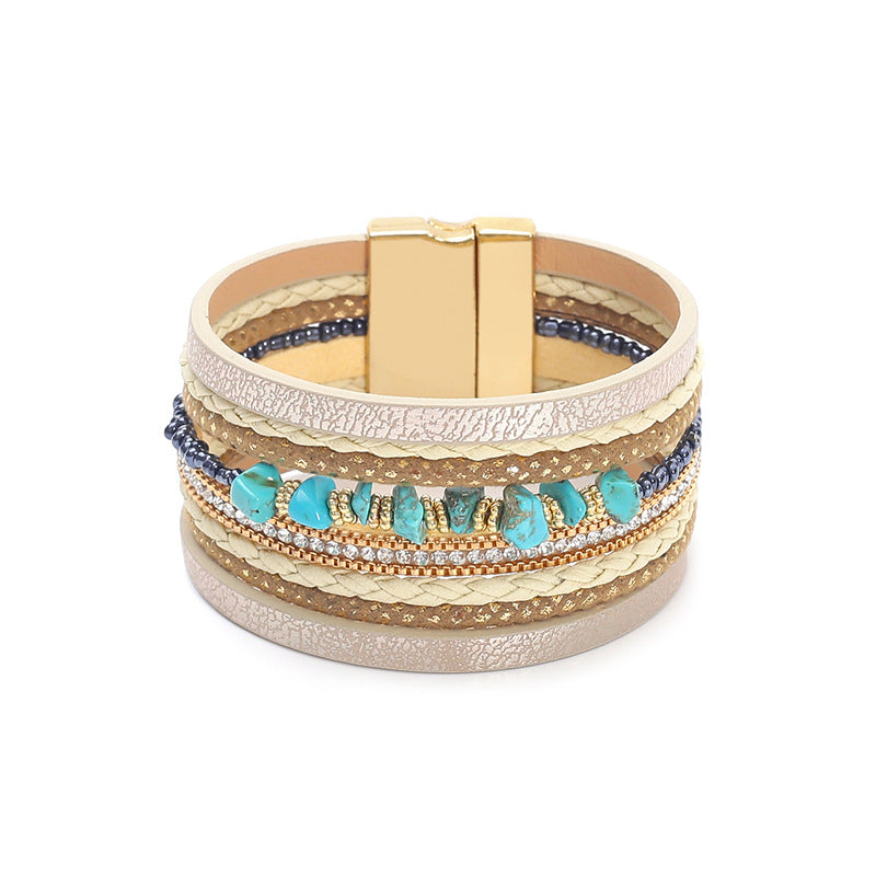 Women's Beads String Leather Creative Retro Magnetic Bracelet