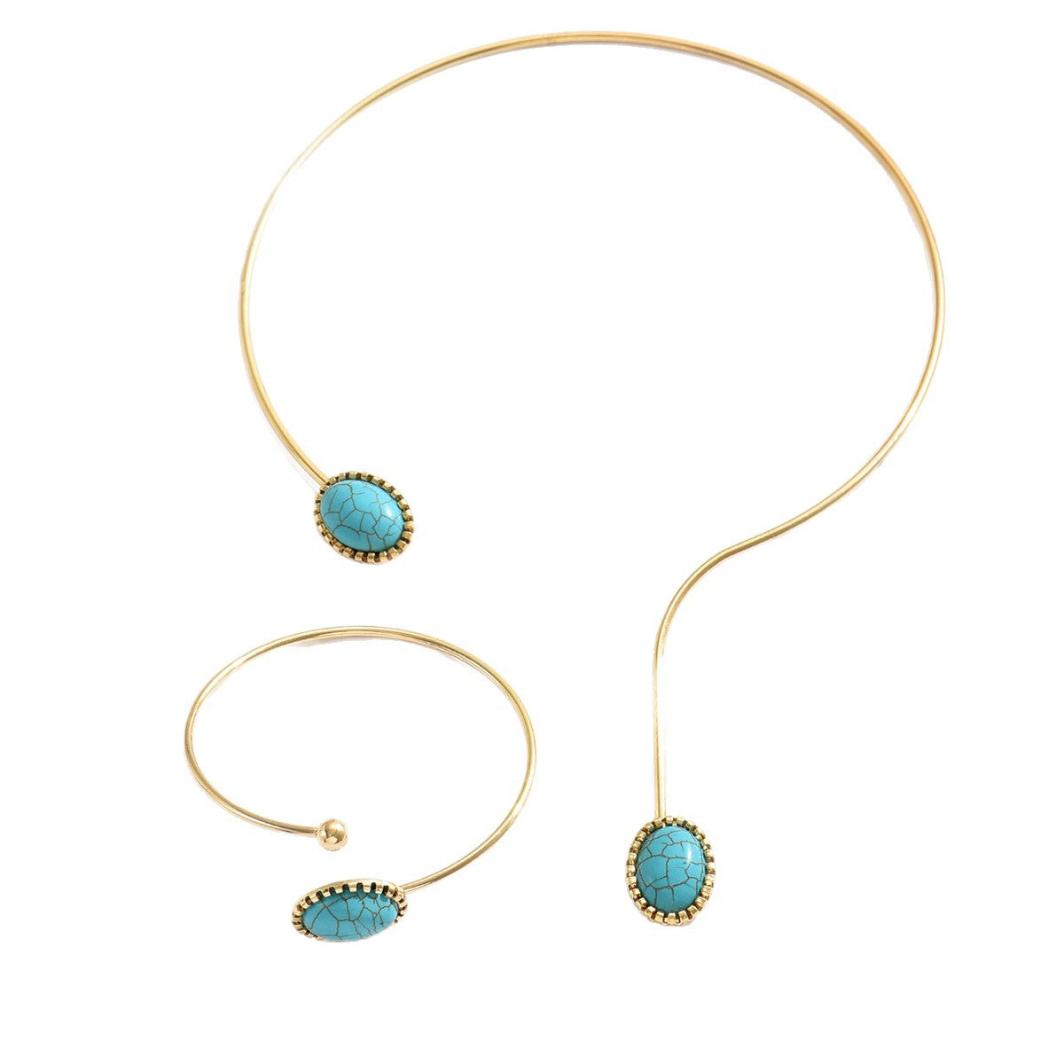 Metal Oval Turquoise Irregular Collar Retro Minority Design Jewelry Set