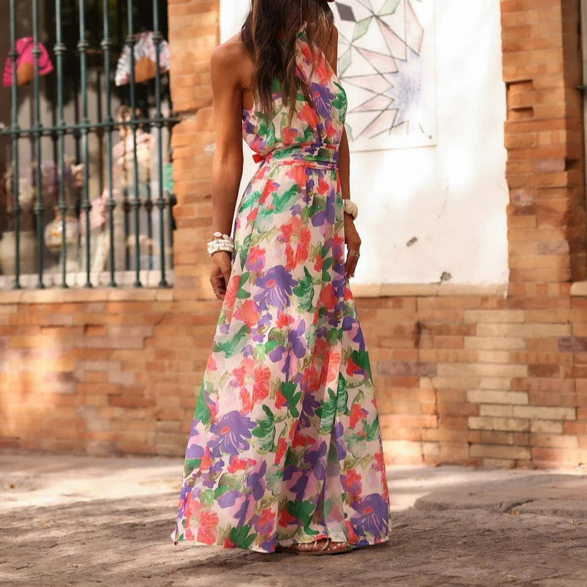 Elegant Women Printed Wear Fresh Slim Dress Pleated Office Maxi Dress