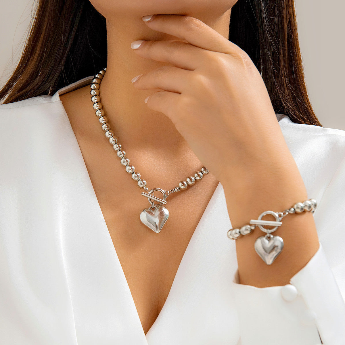 Fashion Heart Pendant Beaded Necklace Earrings Bracelet Jewelry Set