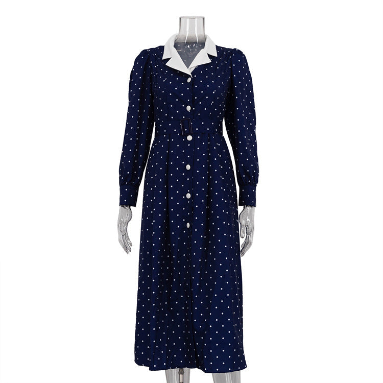 Women Clothing Elegant Polka Dot Dress Collared Long Sleeve Single Breasted High Waist Office Dress