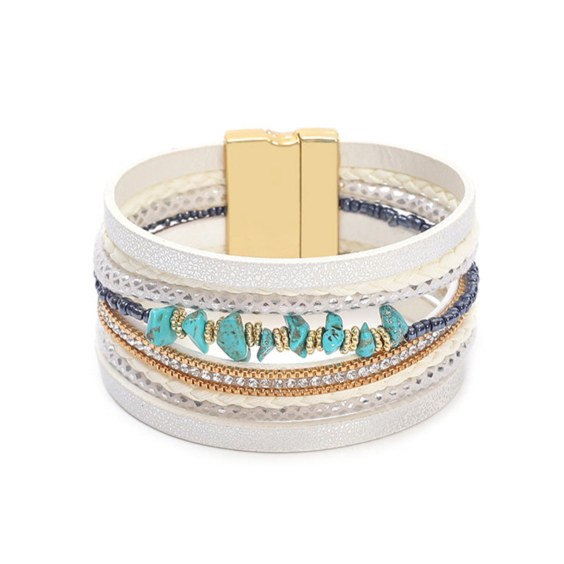 Women's Beads String Leather Creative Retro Magnetic Bracelet