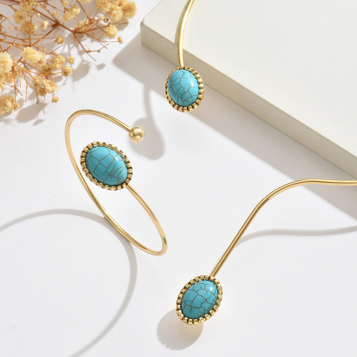 Metal Oval Turquoise Irregular Collar Retro Minority Design Jewelry Set