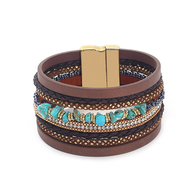 Women's Beads String Leather Creative Retro Magnetic Bracelet