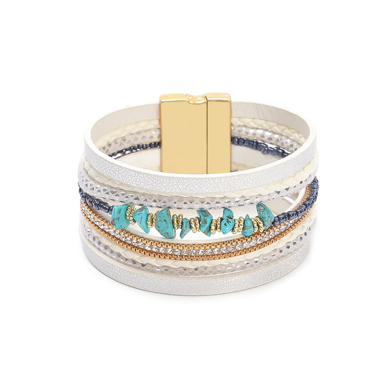 Women's Beads String Leather Creative Retro Magnetic Bracelet