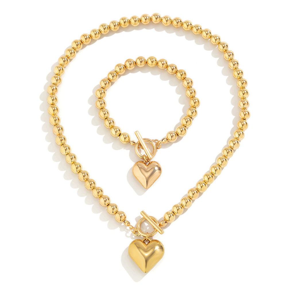 Fashion Heart Pendant Beaded Necklace Earrings Bracelet Jewelry Set