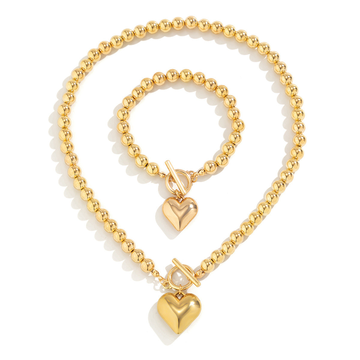 Fashion Heart Pendant Beaded Necklace Earrings Bracelet Jewelry Set