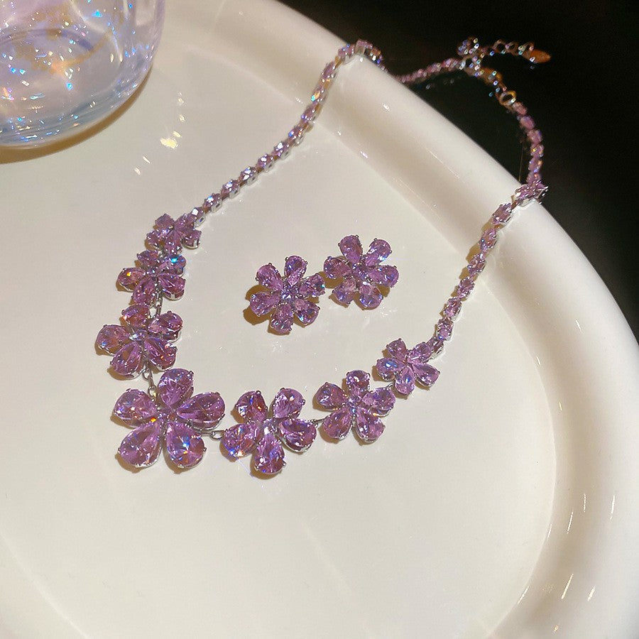 Round Zircon Ear Niche Design Clavicle Chain Graceful Jewelry Set