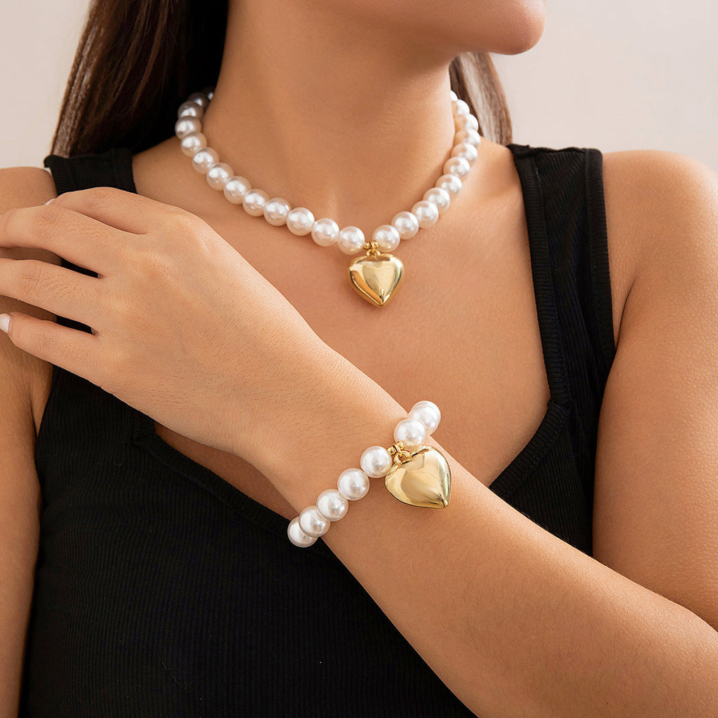 Fashion Heart Pendant Beaded Necklace Earrings Bracelet Jewelry Set