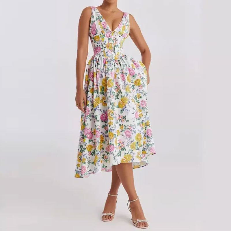 Women Clothing Elegant Backless Printing Sexy Suspenders Dress