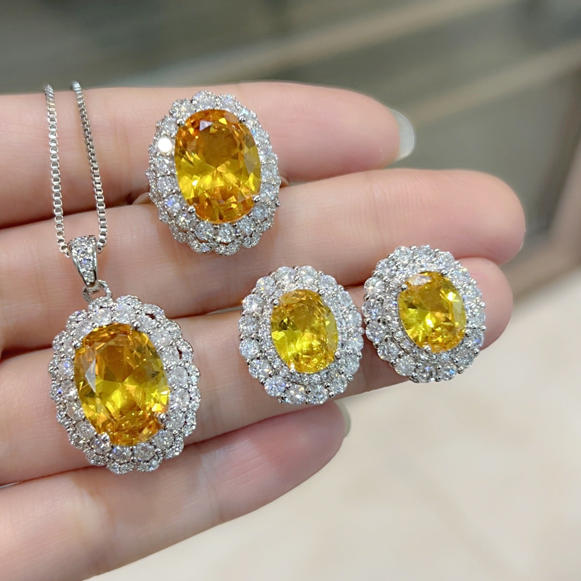 Sunflower Wool Diamond Zircon Red Yellow Purple Pink Champagne Rhinestone Jewelry Set