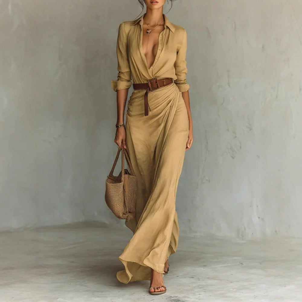Women Clothing Autumn Elegant Graceful Sexy Solid Color Irregular Asymmetric Pleated Dress with Belt