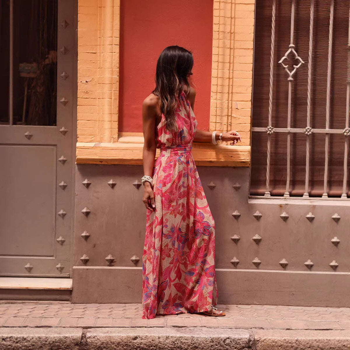 Elegant Women Printed Wear Fresh Slim Dress Pleated Office Maxi Dress